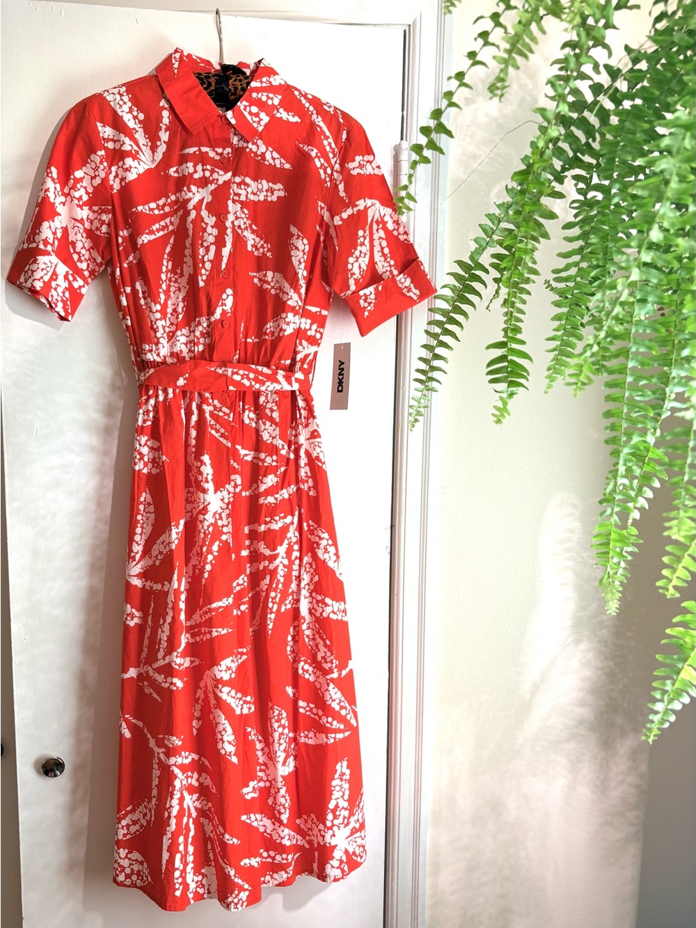 DKNY Orange and White Botanical Shirt Maxi Dress